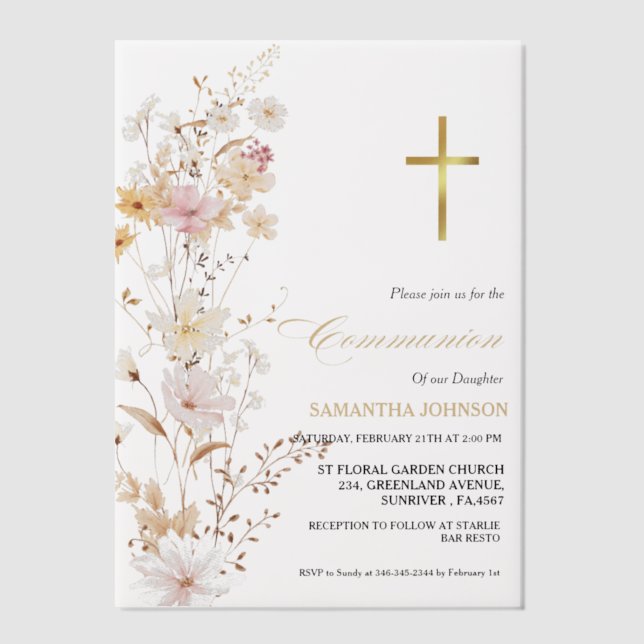 Elegant Wildflower Girl First  Holy Communion  Vellum Invitations (Front)