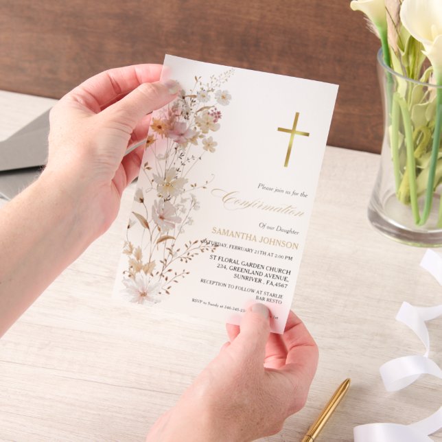Elegant Wildflower Girl First  Holy Communion  Vellum Invitations (Handheld)