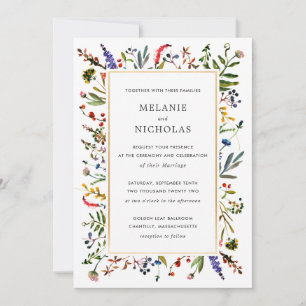 Elegant Wildflower + Gold Wedding white back Invitation