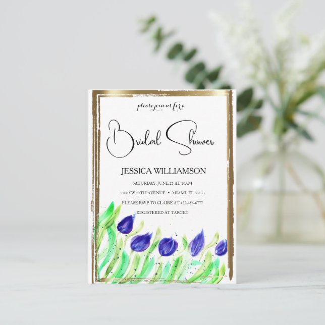 Elegant Wildflower golden Bridal Shower Invitation Postcard (Standing Front)