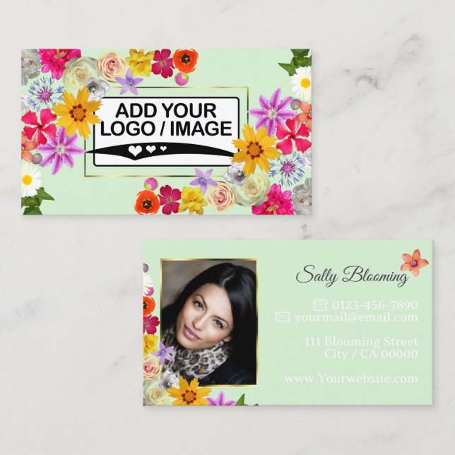 Elegant Wildflower Light Green with Logo and Photo Business Card (Front/Back)