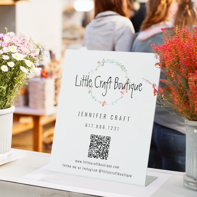 Elegant Wildflower Line Art Wreath QR Code Pedestal Sign (Elegant Wildflower Line Art Wreath QR Code Pedestal Sign)