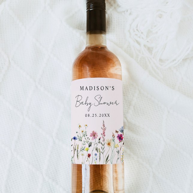 Elegant Wildflower Meadow Blush Pink Baby Shower Wine Label (Creator Uploaded)