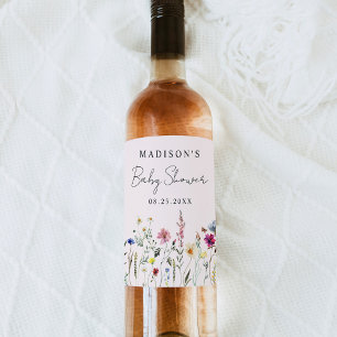 Elegant Wildflower Meadow Blush Pink Baby Shower Wine Label