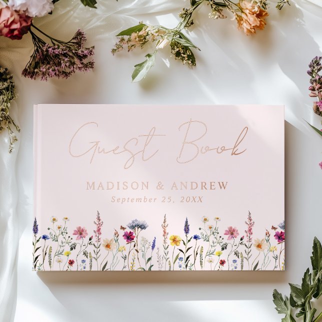 Elegant Wildflower Meadow Blush Pink Photo Wedding Guest Book (Creator Uploaded)