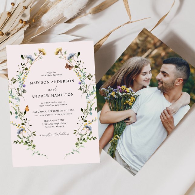 Elegant Wildflower Meadow Blush Pink Photo Wedding Invitation (Creator Uploaded)
