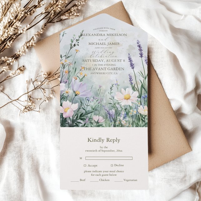 Elegant Wildflower Meadow Blush Pink Wedding All In One Invitation (Creator Uploaded)