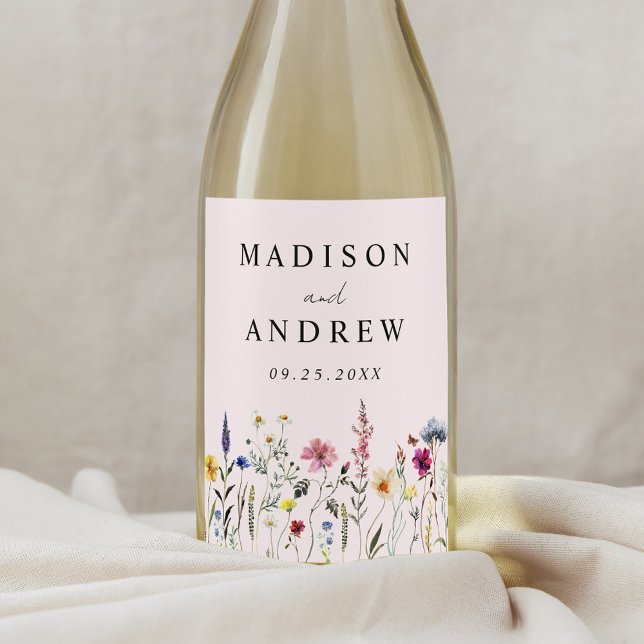 Elegant Wildflower Meadow Blush Pink Wedding Wine Label (Creator Uploaded)