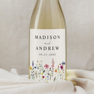 Elegant Wildflower Meadow Cream Wedding Wine Label