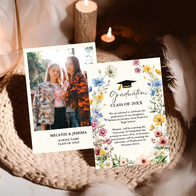 Elegant Wildflower Meadow Garden Twin Graduation Announcement (Creator Uploaded)