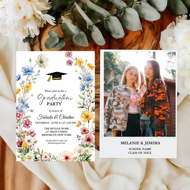 Elegant  Wildflower Meadow Garden Twin Graduation Invitation (Creator Uploaded)