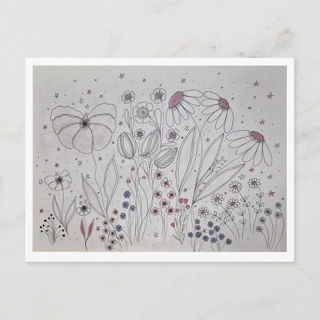 Elegant Wildflower Meadow Line Art Announcement Postcard (Front)