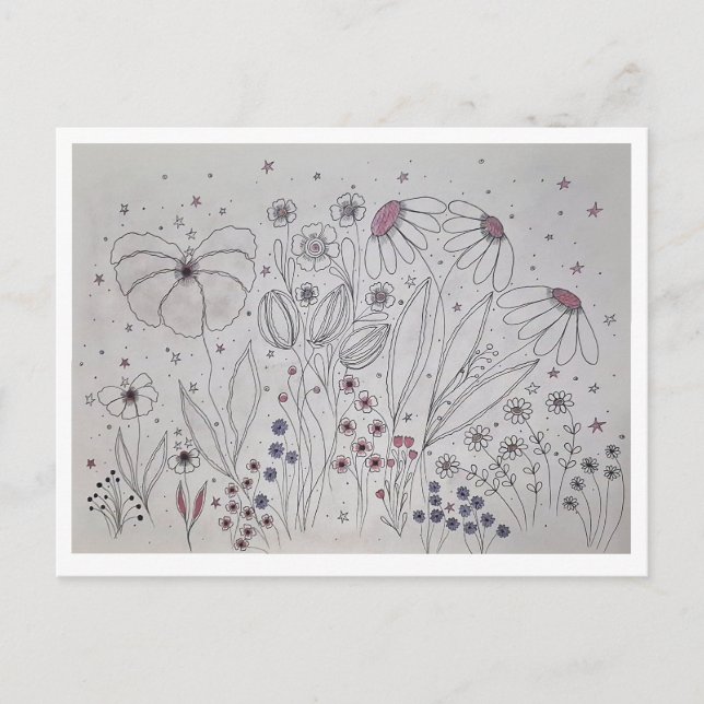 Elegant Wildflower Meadow Line Art Holiday Postcard (Front)