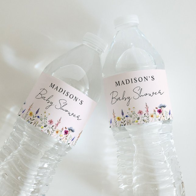 Elegant Wildflower Meadow Pink Baby Shower Water Bottle Label (Creator Uploaded)
