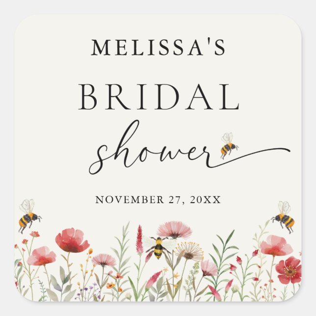 Elegant Wildflower Meant To Bee Bridal Shower Square Sticker (Front)