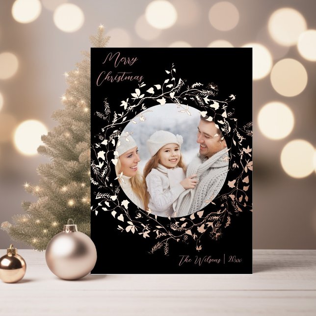 Elegant Wildflower Merry Christmas Photo Rose Gold Foil Holiday Card (Creator Uploaded)