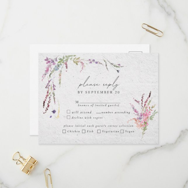 Elegant Wildflower Modern Wedding Meals RSVP Invitation Postcard (Front/Back In Situ)