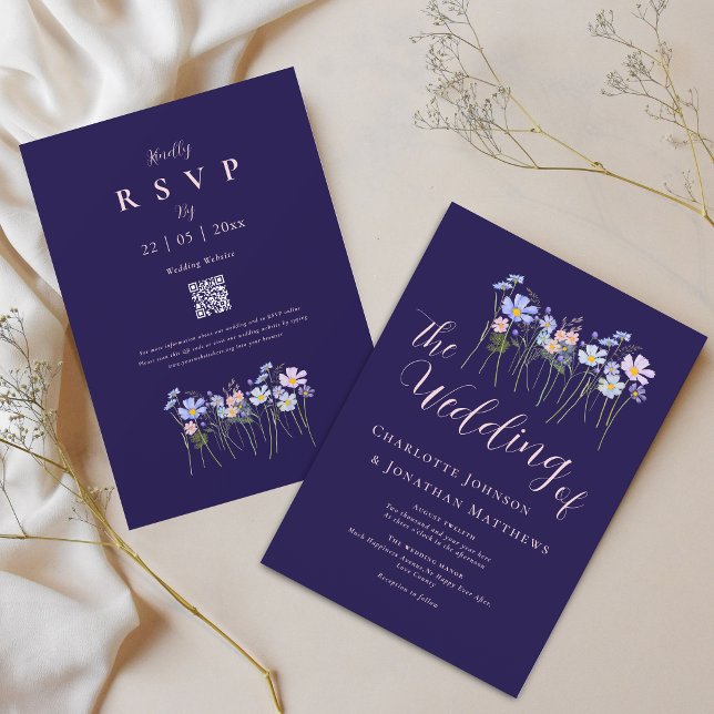 Elegant Wildflower Navy Blue Blush Pink QR Code Invitation (Modern wildflower boho watercolor floral navy blue blush pink wedding qr code invitation)
