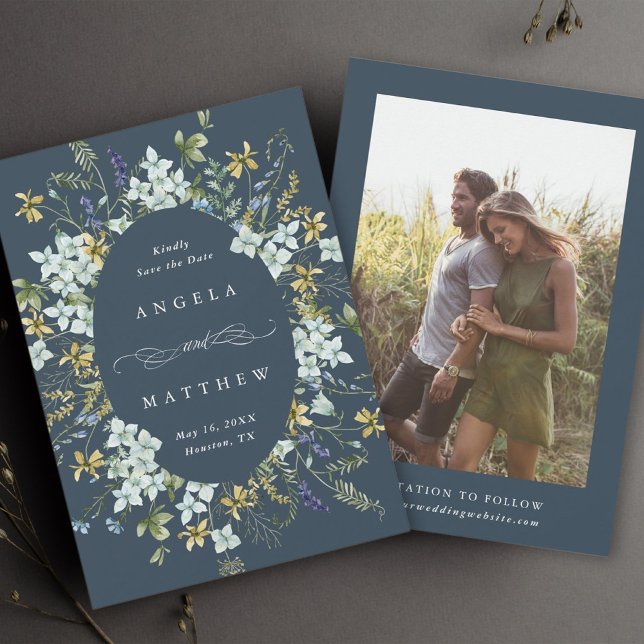Elegant Wildflower Oval Frame Wedding Photo Navy Save The Date (Creator Uploaded)