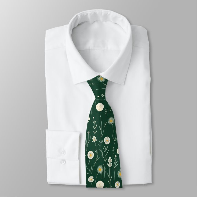 Elegant Wildflower Pattern on Dark Green  Tie (Tied)