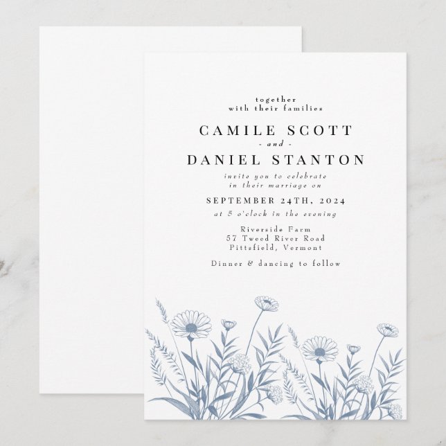 Elegant Wildflower Periwinkle Wedding Invitation (Front/Back)