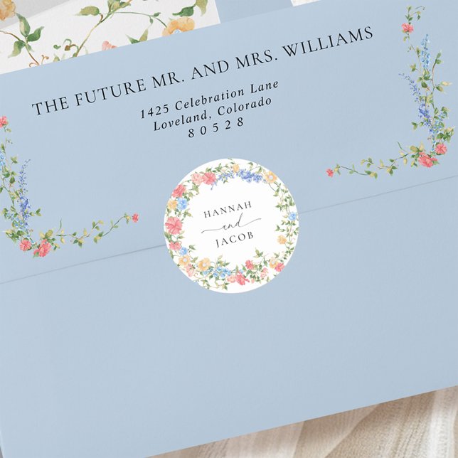 Elegant Wildflower Personalised Wedding Envelope Classic Round Sticker (Creator Uploaded)