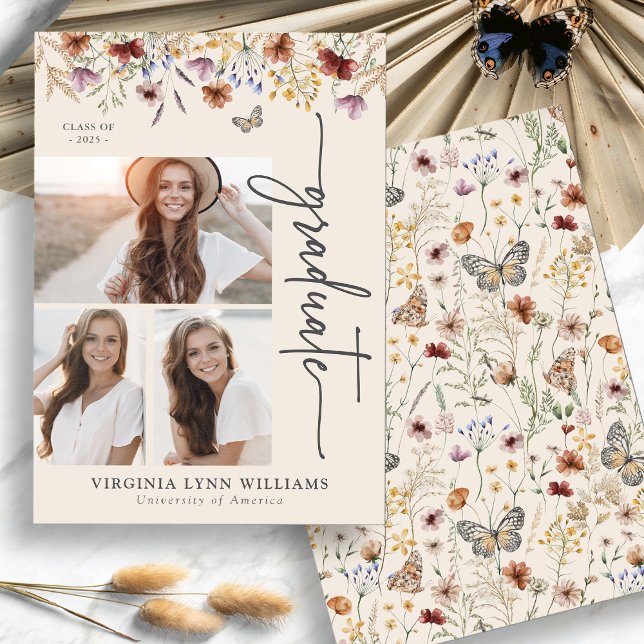 Elegant Wildflower Photo Graduate Announcement (Elegant Wildflower Collage Picture Graduate Announcement by Painted Paperie
)