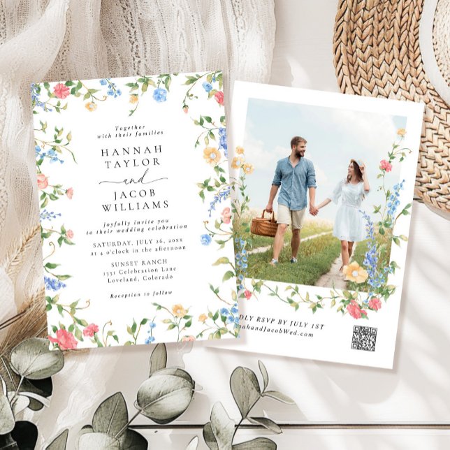 Elegant Wildflower Photo QR Code RSVP Wedding Invitation (Creator Uploaded)