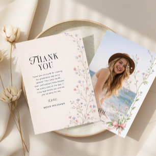 Elegant Wildflower Pink Bow Grad Photo Graduation Thank You Card