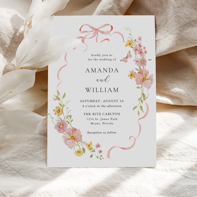 Elegant Wildflower Pink Bow Wedding Invitation (Creator Uploaded)