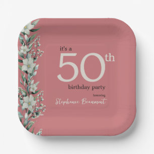 Elegant Wildflower Pink Surprise 50th Birthday Paper Plate