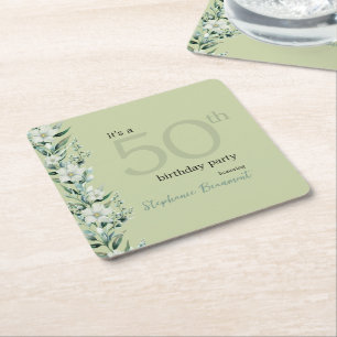 Elegant Wildflower Pink Surprise 50th Birthday Square Paper Coaster
