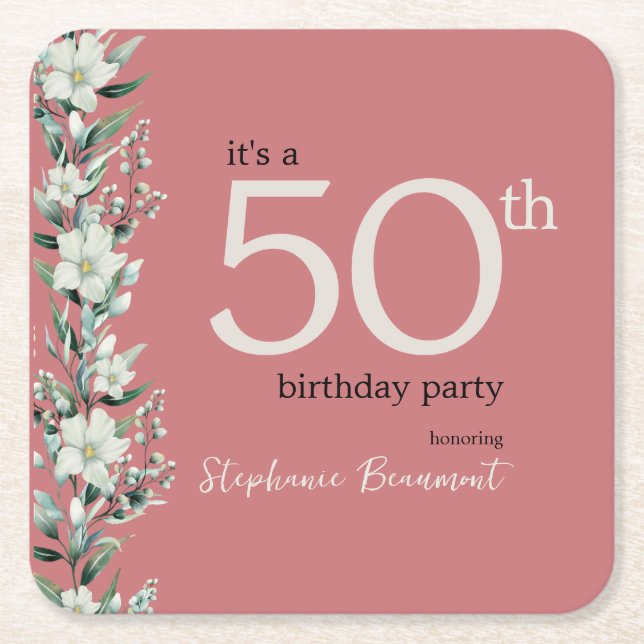 Elegant Wildflower Pink Surprise 50th Birthday  Square Paper Coaster (Front)