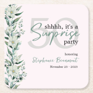 Elegant Wildflower Pink Surprise 50th Birthday Square Paper Coaster