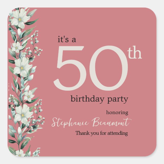 Elegant Wildflower Pink Surprise 50th Birthday  Square Sticker (Front)