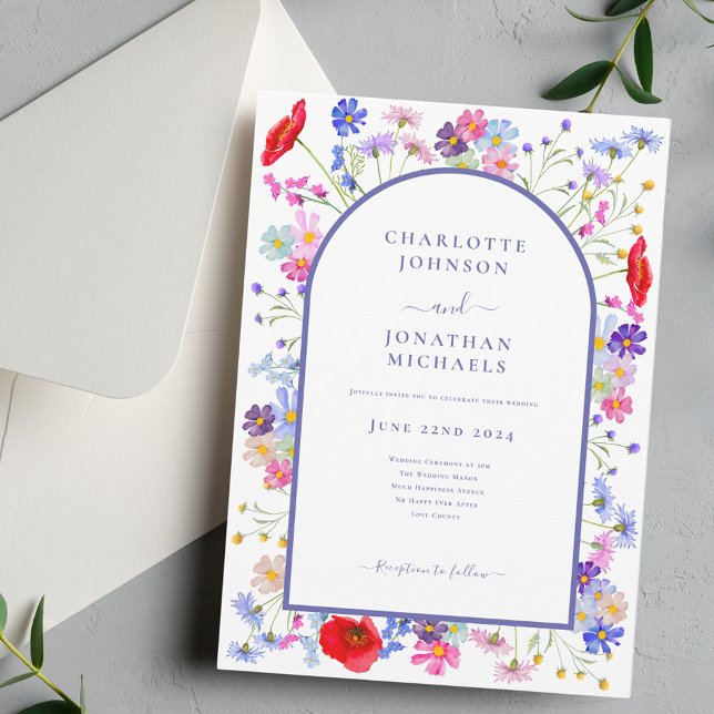 Elegant Wildflower Purple Arch Invitation (Colorful wildflower purple arch wedding invitation with elegant typography script)