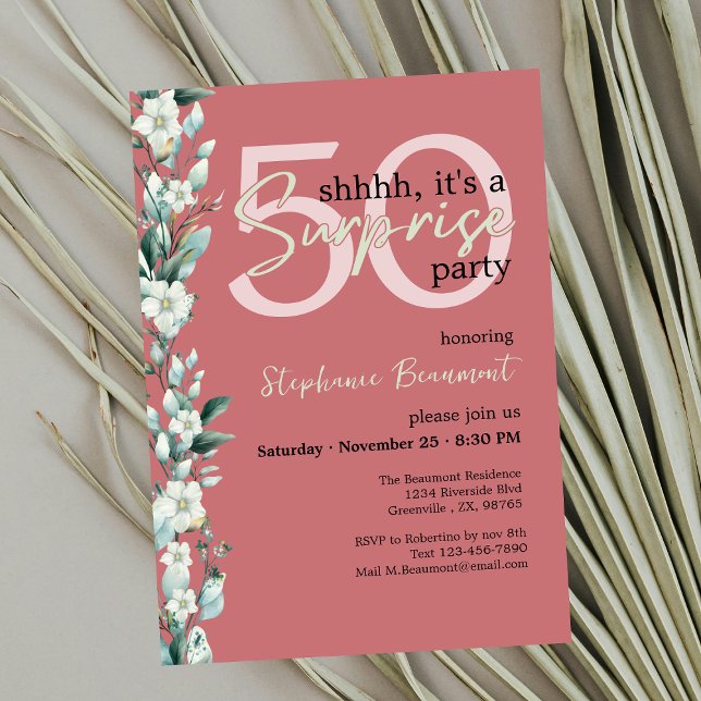 Elegant Wildflower Red Surprise 50th Birthday  Invitation (Creator Uploaded)