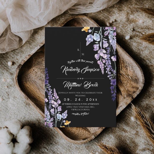 Elegant Wildflower Rustic Black Wedding Invitation (Creator Uploaded)
