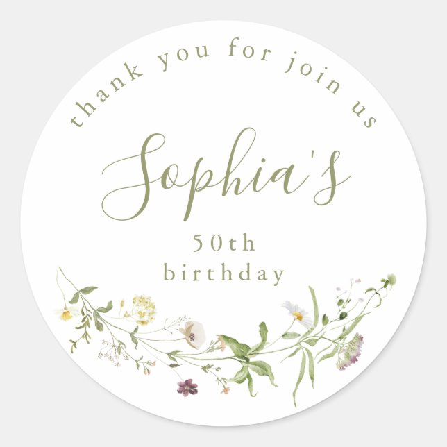 Elegant Wildflower Rustic Boho Birthday Favours Classic Round Sticker (Front)