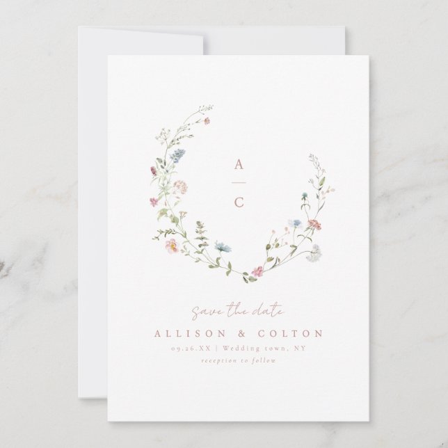 Elegant Wildflower Rustic Boho Wedding monogram Save The Date (Front)