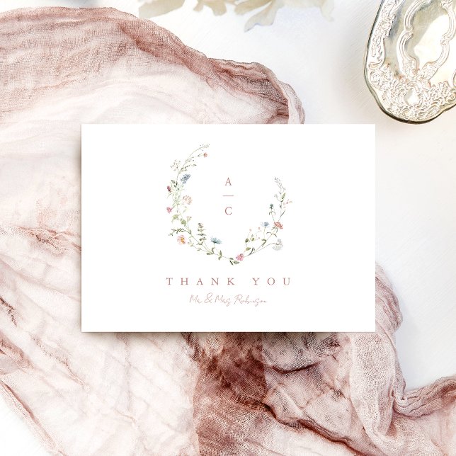 Elegant Wildflower Rustic Boho Wedding monogram Thank You Card (Elegant Wildflower Rustic Boho Wedding monogram Thank You Card)