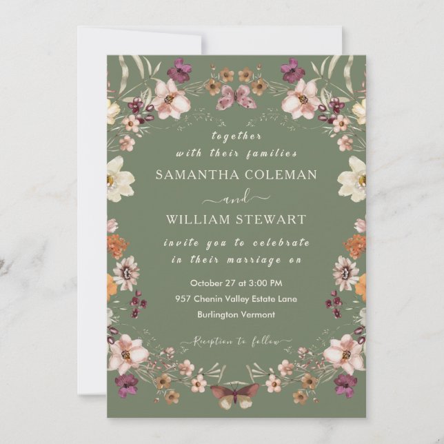 Elegant Wildflower Rustic Sage Green Wedding Invitation (Front)