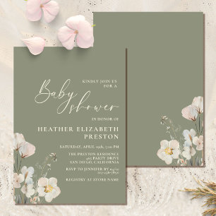 Elegant Wildflower Sage Green Baby Shower Invitation