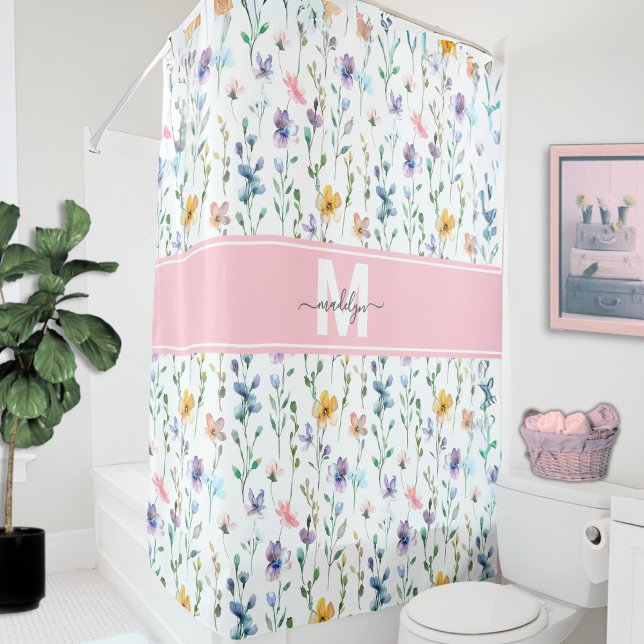 Elegant Wildflower Script Monogram Shower Curtain (Elegant Wildflower Script Monogram Shower Curtain)