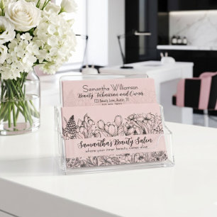 Elegant Wildflower Sketch Blush Pink Blac QR Code Business Card