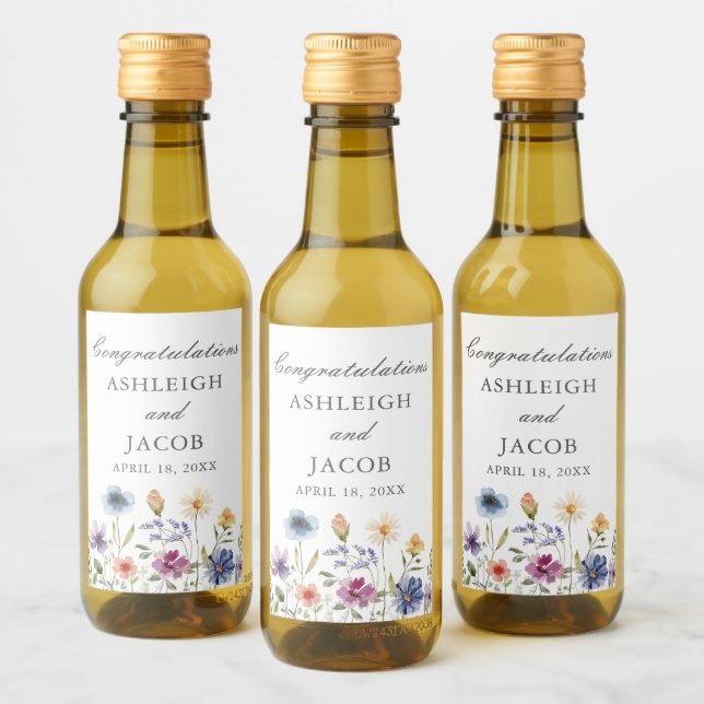 Elegant Wildflower Spring Wedding Custom Mini Wine Label (Bottles)