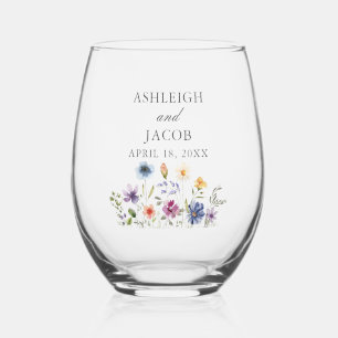 Elegant Wildflower Spring Wedding Personalized Stemless Wine Glass