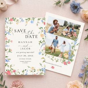 Elegant Wildflower Three Photo Wedding Save The Date