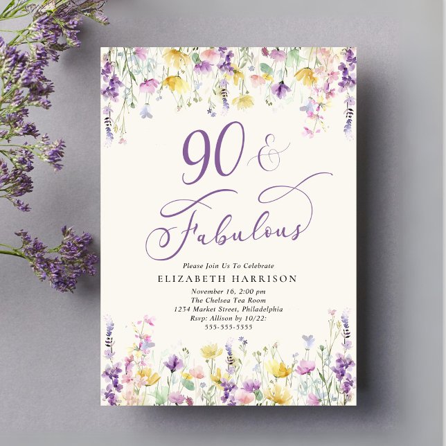 Elegant Wildflower Watercolor 90th Birthday Party Invitation (Creator Uploaded)