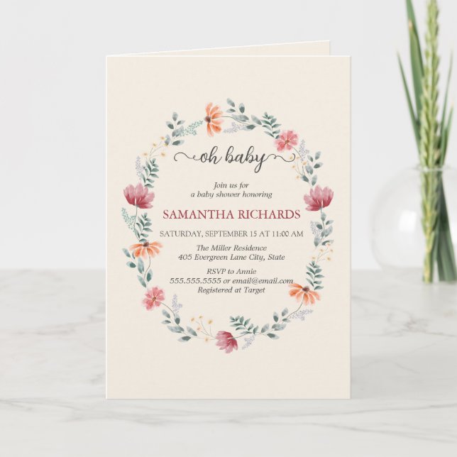 Elegant wildflower watercolor baby shower invitation (Front)